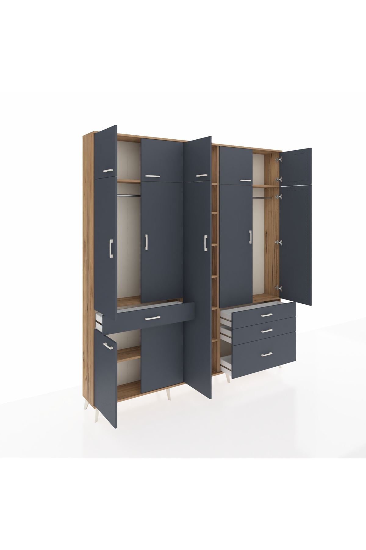 Arges Gardrop 11 Raflı 4 Çekmeceli 2 Askılı 220x30x243 Çam-Antrasit