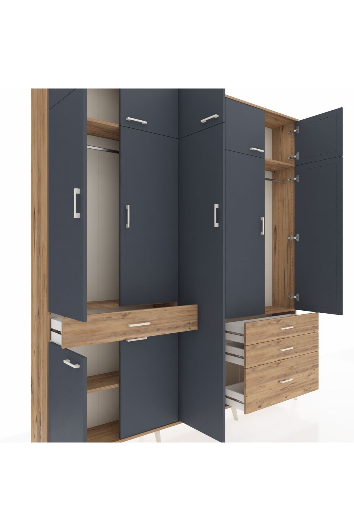 Arges Dolap 11 Raflı 4 Çekmeceli 2 Askılı 220x30x243 Çam-Antrasit/Çam