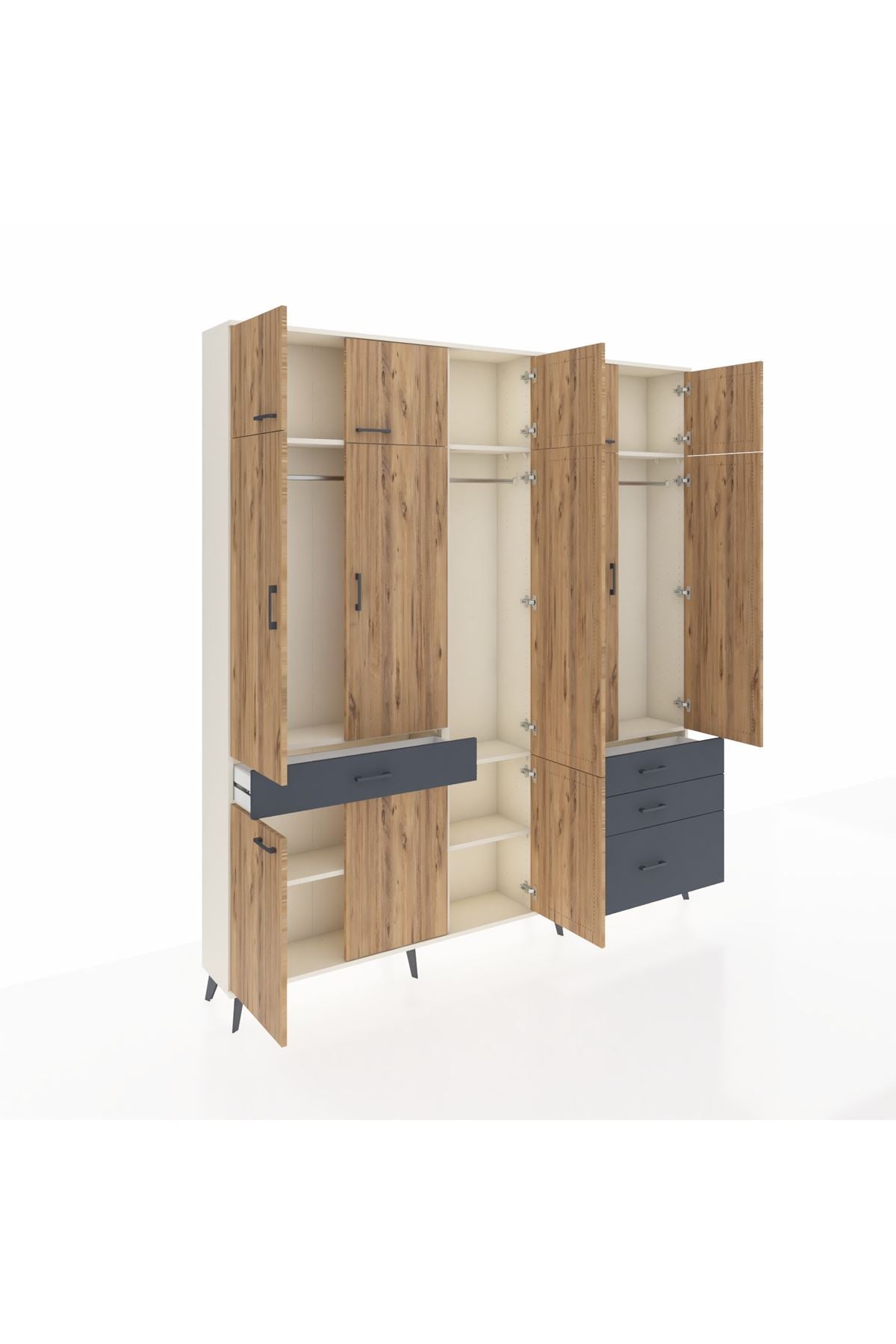 Arges Dolap 8 Raflı 4 Çekmeceli 3 Askılı 220x30x243 Aytaşı-Çam/Antrasit