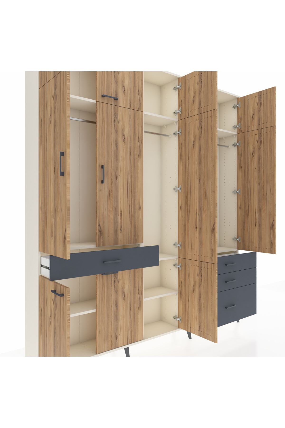 Arges Dolap 8 Raflı 4 Çekmeceli 3 Askılı 220x30x243 Aytaşı-Çam/Antrasit