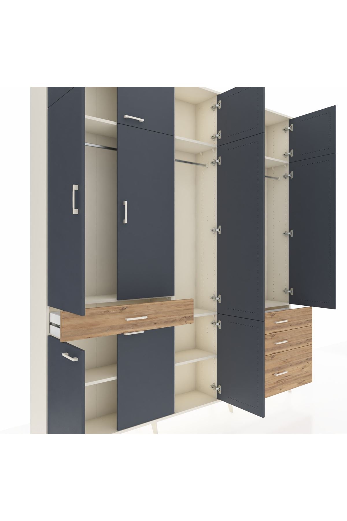 Arges Dolap 8 Raflı 4 Çekmeceli 3 Askılı 220x30x243 Aytaşı-Antrasit/Çam