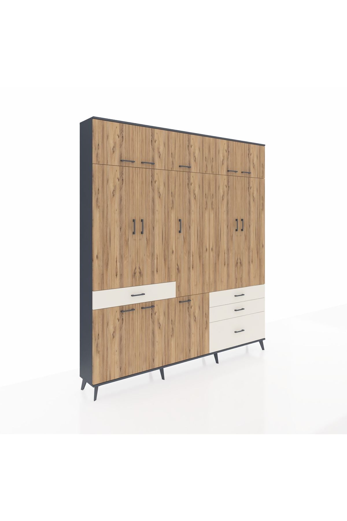Arges Dolap 8 Raflı 4 Çekmeceli 3 Askılı 220x30x243 Antrasit-Çam/Aytaşı