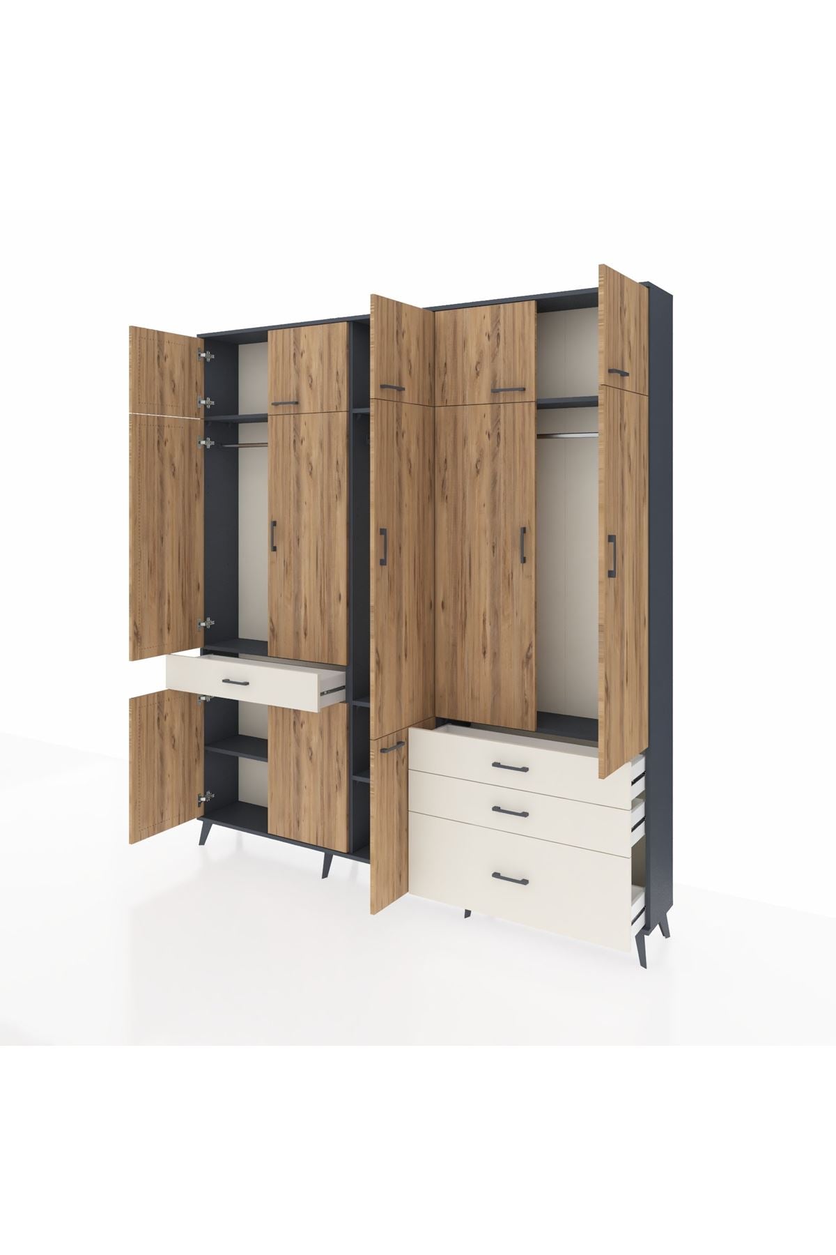 Arges Dolap 8 Raflı 4 Çekmeceli 3 Askılı 220x30x243 Antrasit-Çam/Aytaşı