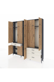 Arges Dolap 8 Raflı 4 Çekmeceli 3 Askılı 220x30x243 Antrasit-Çam/Aytaşı