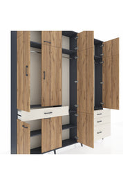 Arges Dolap 8 Raflı 4 Çekmeceli 3 Askılı 220x30x243 Antrasit-Çam/Aytaşı