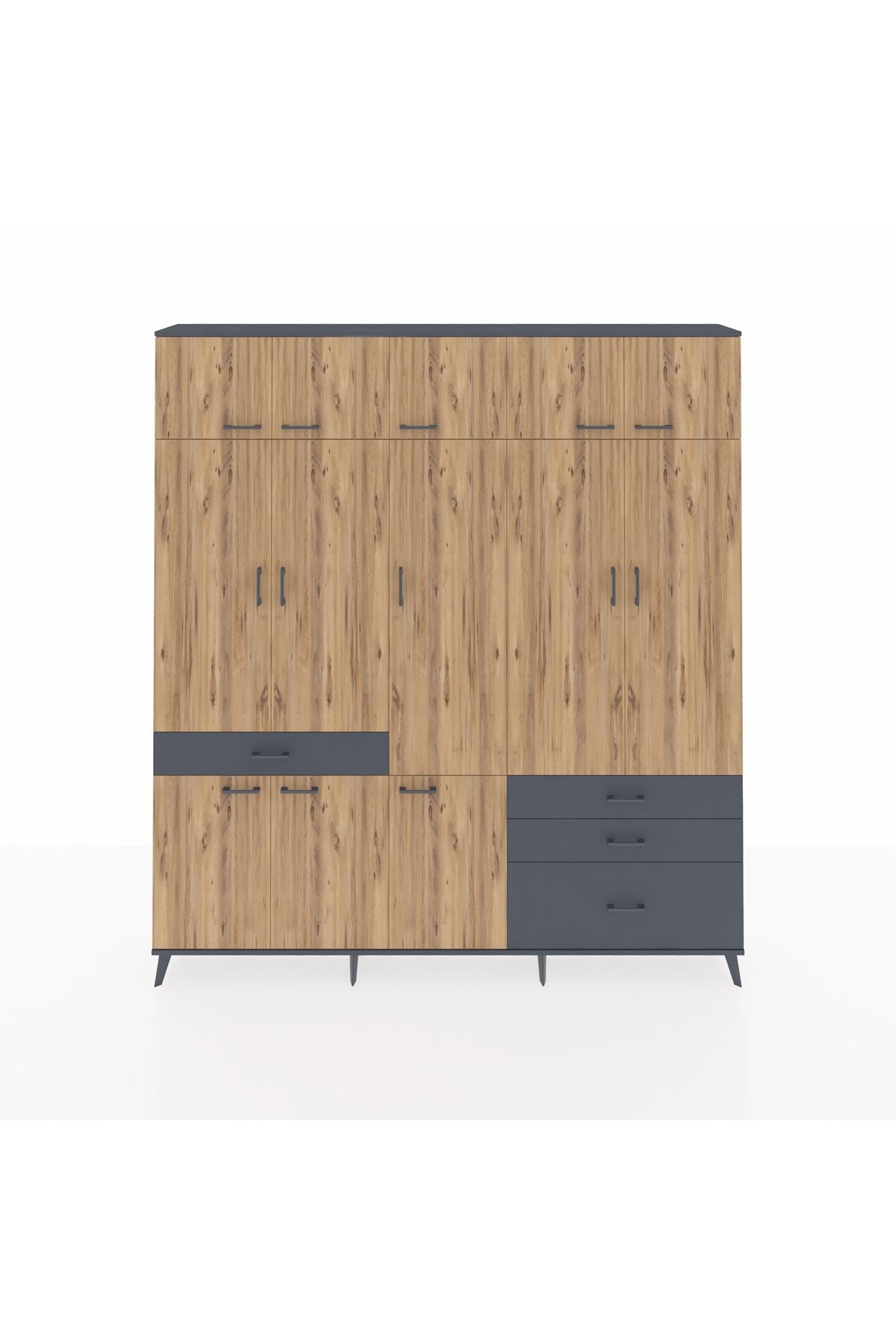Arges Dolap 8 Raflı 4 Çekmeceli 3 Askılı 220x30x243 Antrasit-Çam/Antrasit
