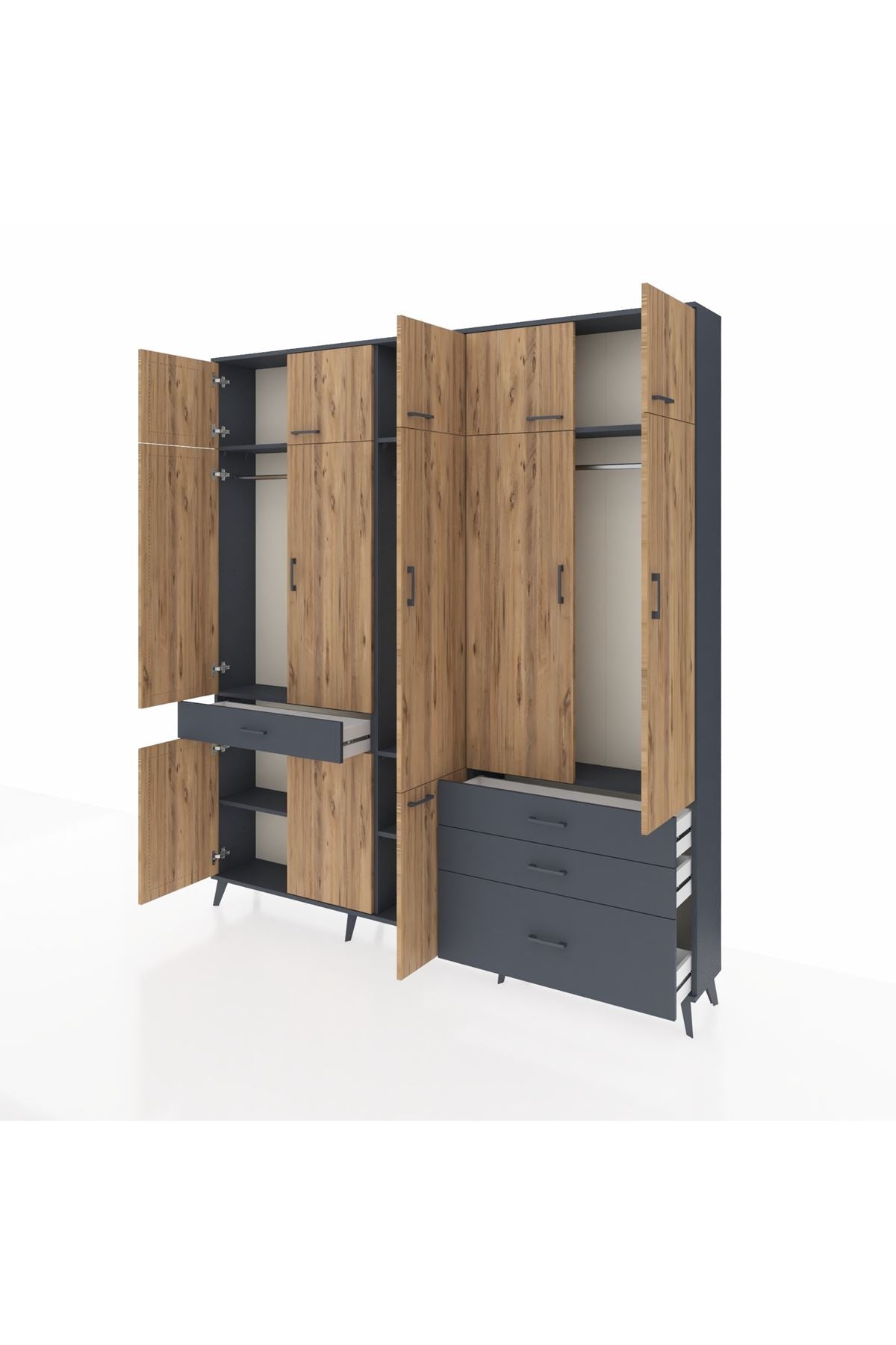 Arges Dolap 8 Raflı 4 Çekmeceli 3 Askılı 220x30x243 Antrasit-Çam/Antrasit