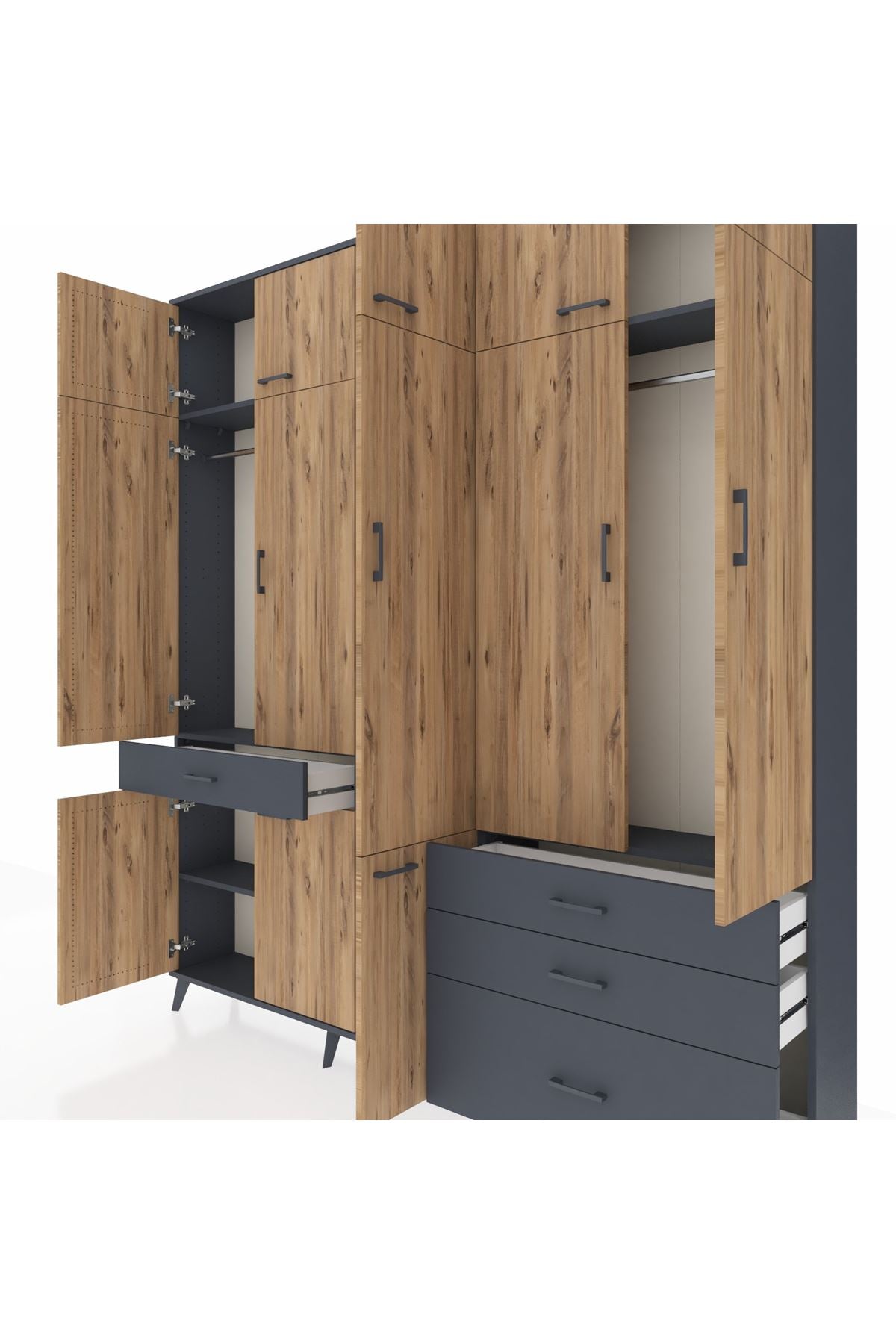 Arges Dolap 8 Raflı 4 Çekmeceli 3 Askılı 220x30x243 Antrasit-Çam/Antrasit