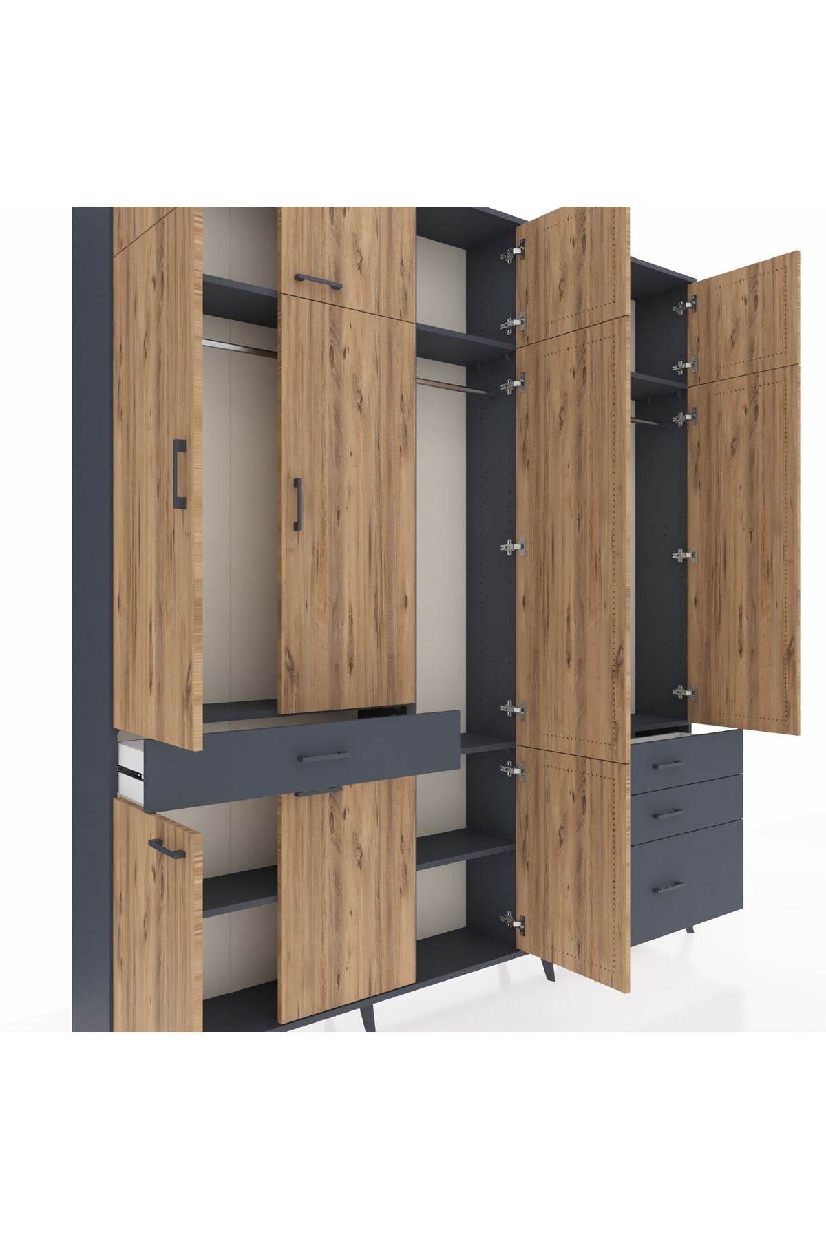Arges Dolap 8 Raflı 4 Çekmeceli 3 Askılı 220x30x243 Antrasit-Çam/Antrasit