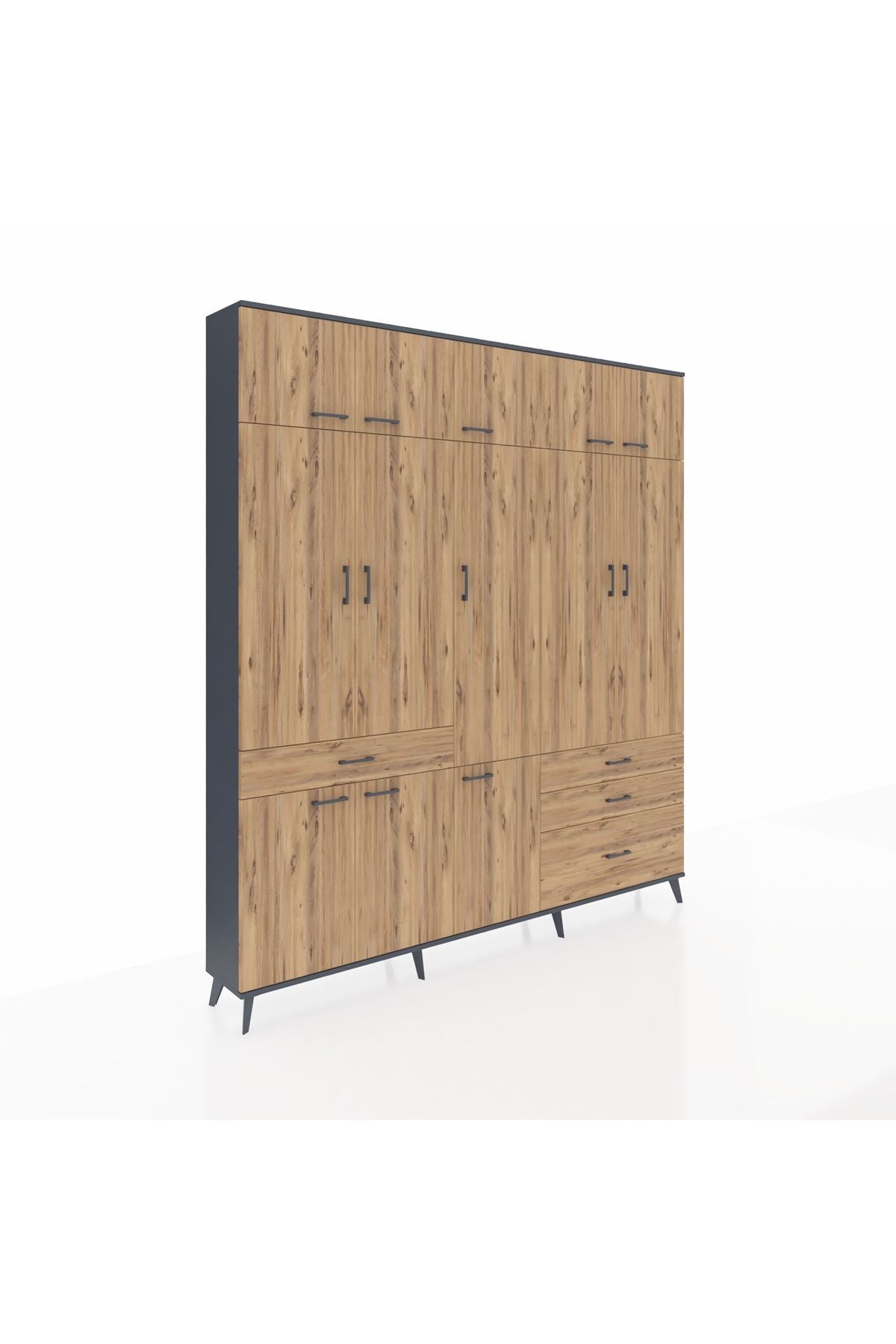 Arges Gardrop 8 Raflı 4 Çekmeceli 3 Askılı 220x30x243 Antrasit-Çam