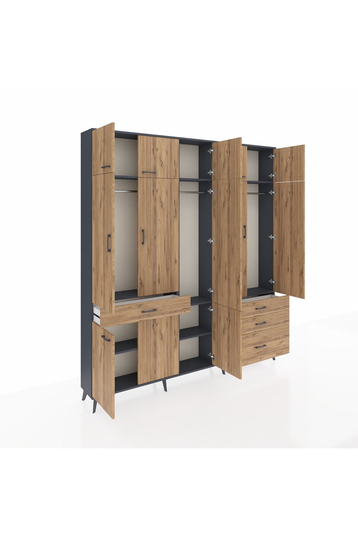 Arges Gardrop 8 Raflı 4 Çekmeceli 3 Askılı 220x30x243 Antrasit-Çam