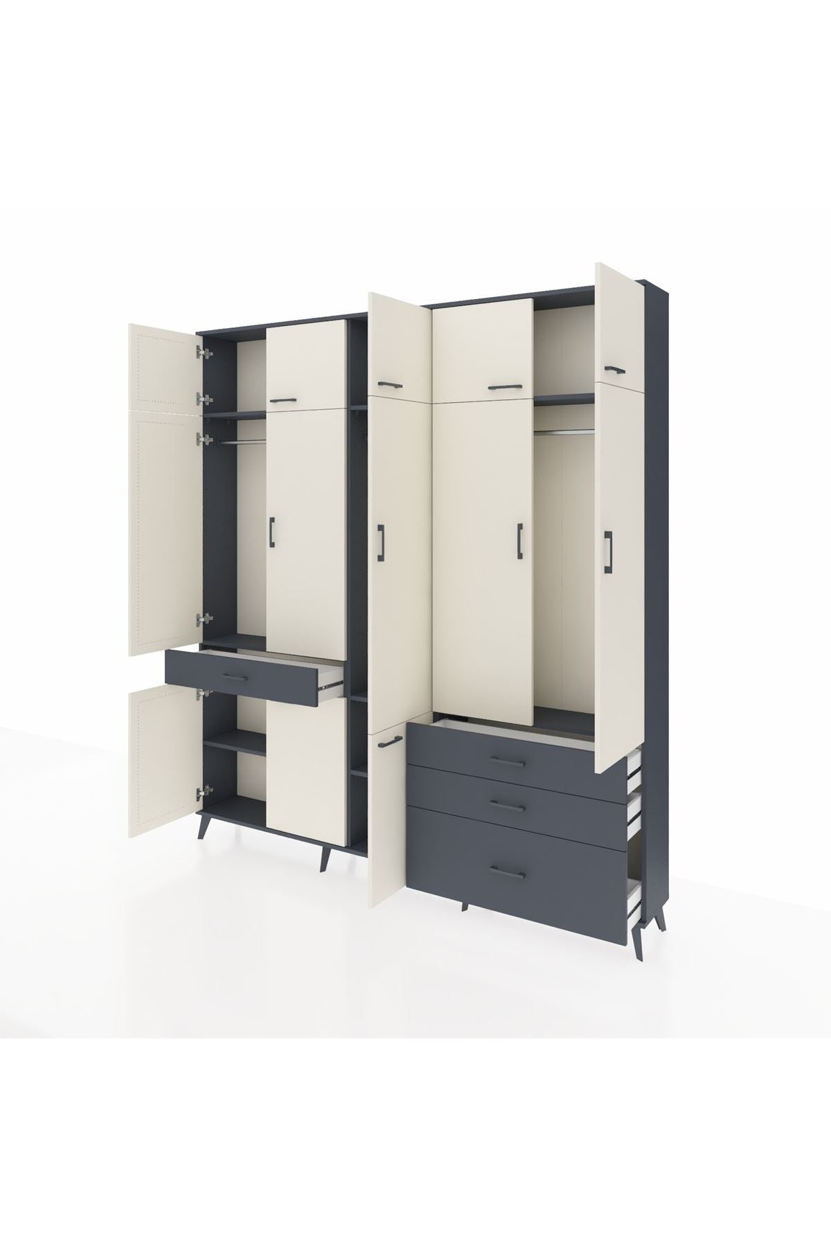 Arges Dolap 8 Raflı 4 Çekmeceli 3 Askılı 220x30x243 Antrasit-Aytaşı/Antrasit