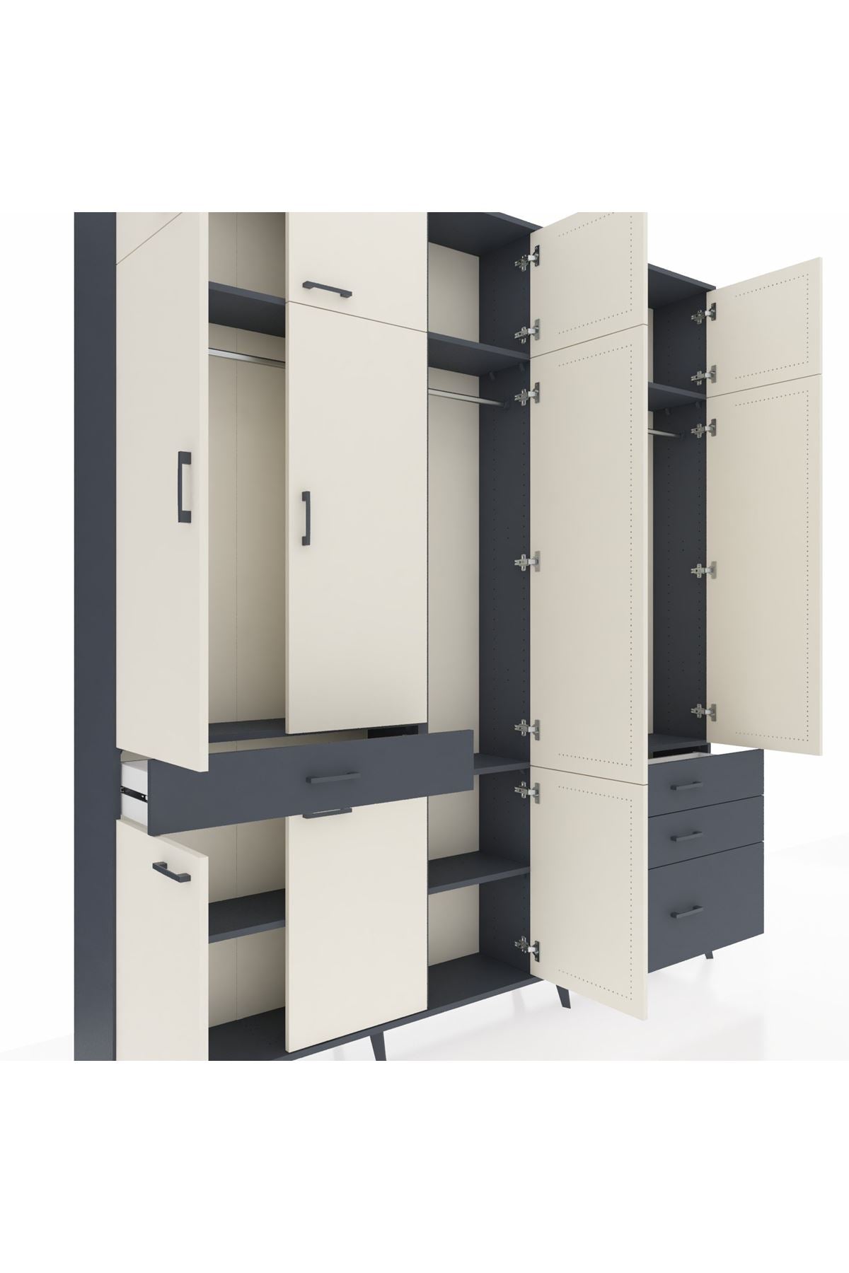Arges Dolap 8 Raflı 4 Çekmeceli 3 Askılı 220x30x243 Antrasit-Aytaşı/Antrasit