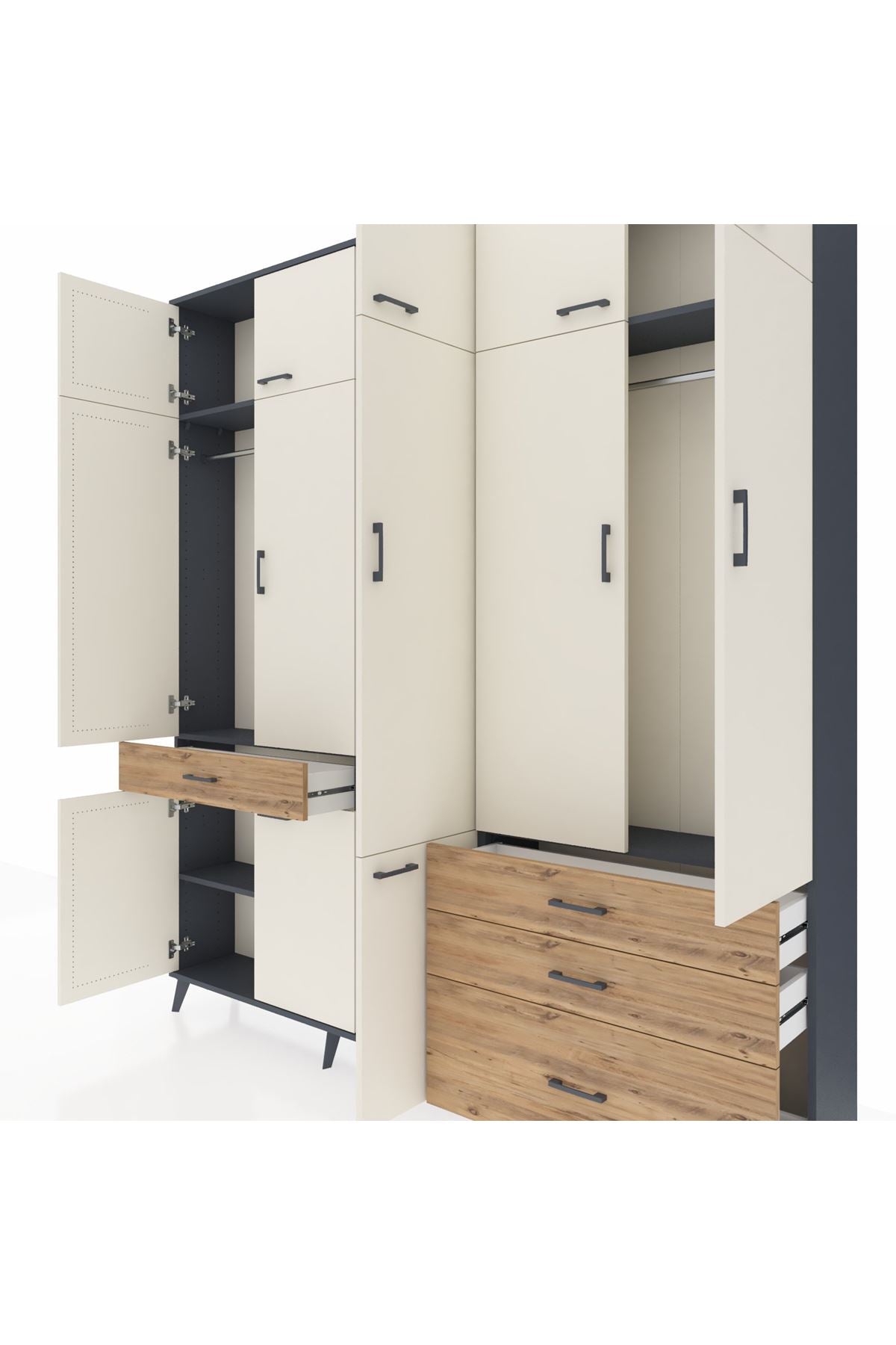 Arges Dolap 8 Raflı 4 Çekmeceli 3 Askılı 220x30x243 Antrasit-Aytaşı/Çam