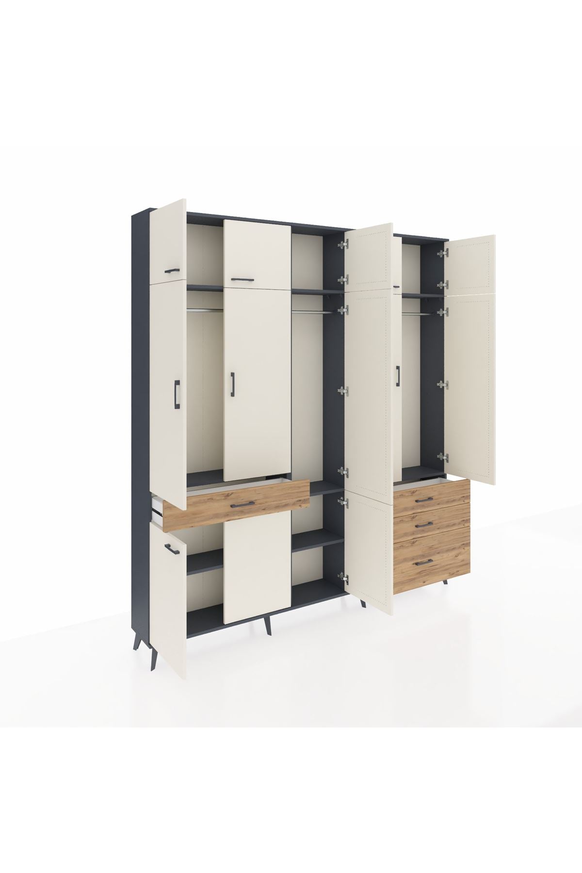 Arges Dolap 8 Raflı 4 Çekmeceli 3 Askılı 220x30x243 Antrasit-Aytaşı/Çam