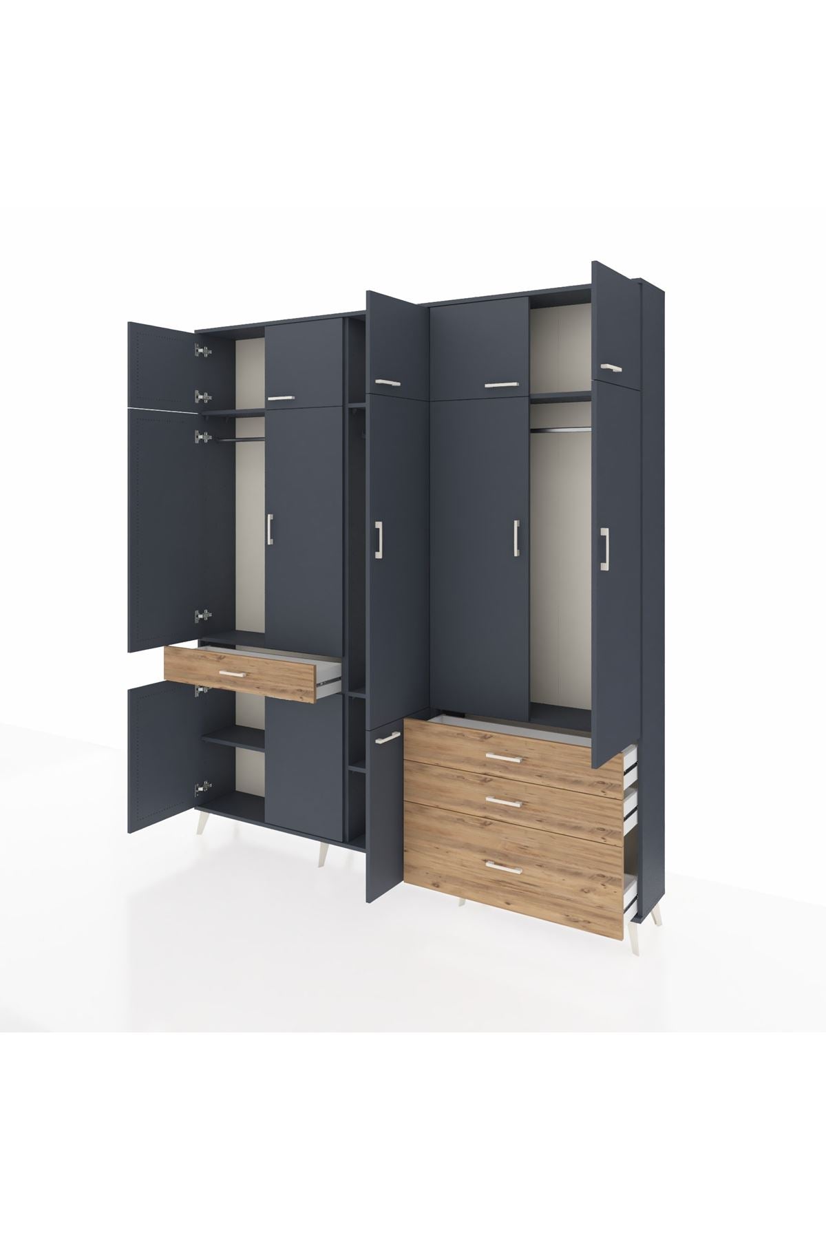 Arges Dolap 8 Raflı 4 Çekmeceli 3 Askılı 220x30x243 Antrasit-Antrasit/Çam