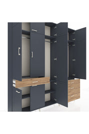 Arges Dolap 8 Raflı 4 Çekmeceli 3 Askılı 220x30x243 Antrasit-Antrasit/Çam