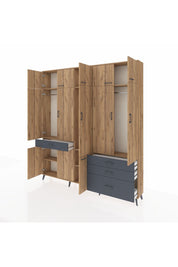 Arges Dolap 8 Raflı 4 Çekmeceli 3 Askılı 220x30x243 Çam-Çam/Antrasit