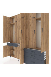 Arges Dolap 8 Raflı 4 Çekmeceli 3 Askılı 220x30x243 Çam-Çam/Antrasit