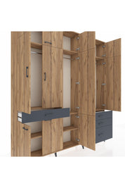 Arges Dolap 8 Raflı 4 Çekmeceli 3 Askılı 220x30x243 Çam-Çam/Antrasit