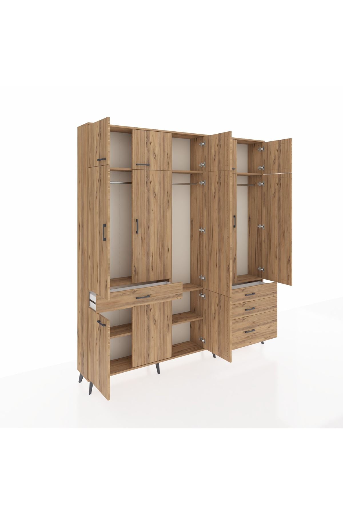 Arges Gardrop 8 Raflı 4 Çekmeceli 3 Askılı 220x30x243 Çam-Çam