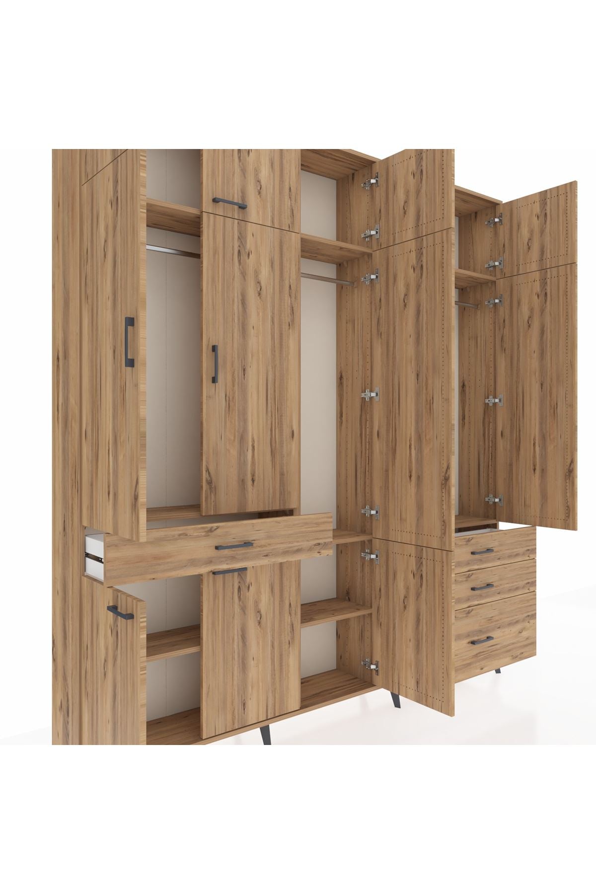 Arges Gardrop 8 Raflı 4 Çekmeceli 3 Askılı 220x30x243 Çam-Çam