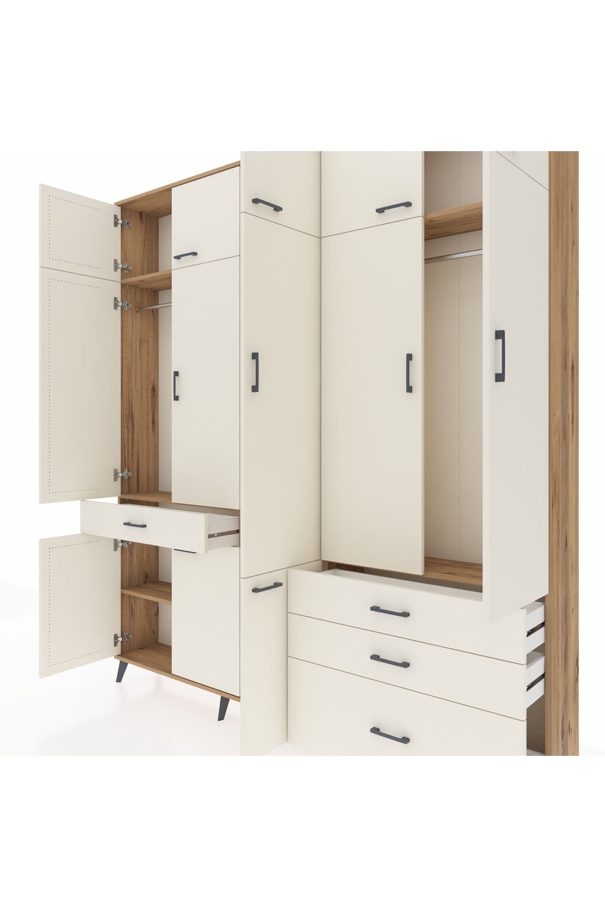 Arges Gardrop 8 Raflı 4 Çekmeceli 3 Askılı 220x30x243 Çam-Aytaşı