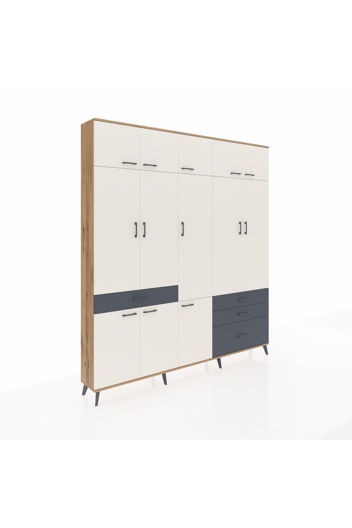 Arges Dolap 8 Raflı 4 Çekmeceli 3 Askılı 220x30x243 Çam-Aytaşı/Antrasit