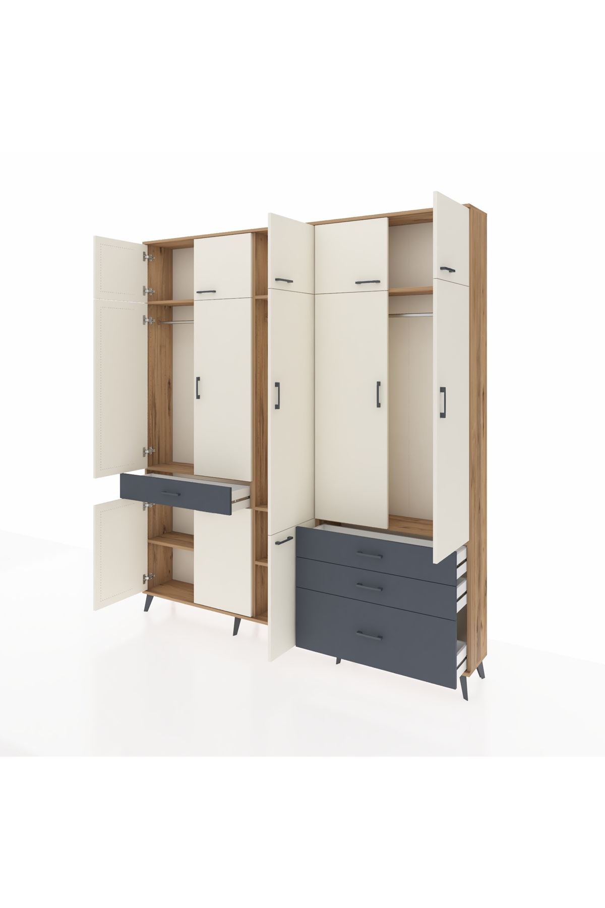 Arges Dolap 8 Raflı 4 Çekmeceli 3 Askılı 220x30x243 Çam-Aytaşı/Antrasit