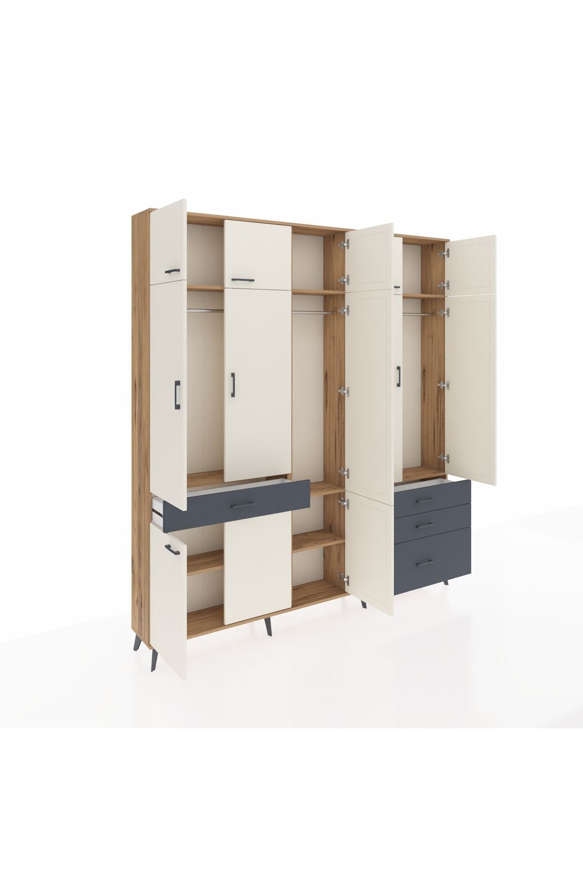Arges Dolap 8 Raflı 4 Çekmeceli 3 Askılı 220x30x243 Çam-Aytaşı/Antrasit