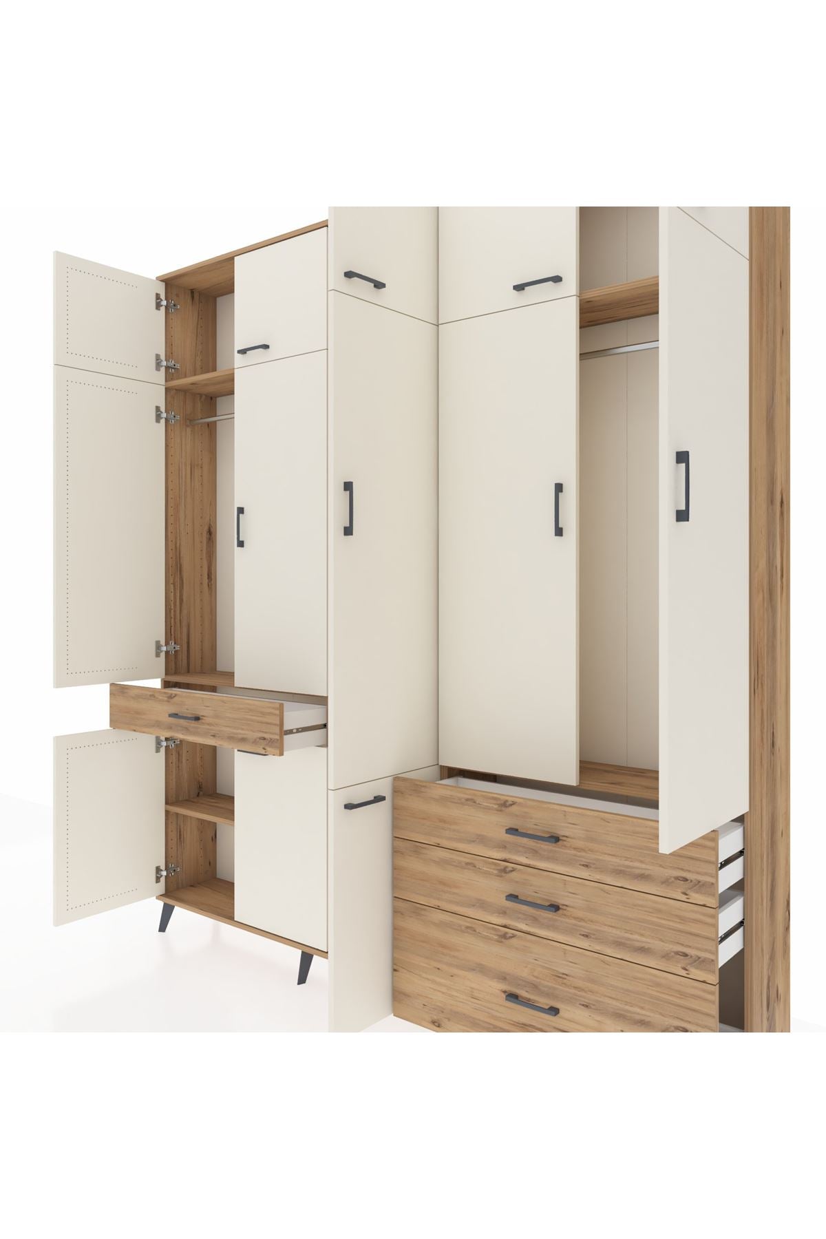 Arges Dolap 8 Raflı 4 Çekmeceli 3 Askılı 220x30x243 Çam-Aytaşı/Çam