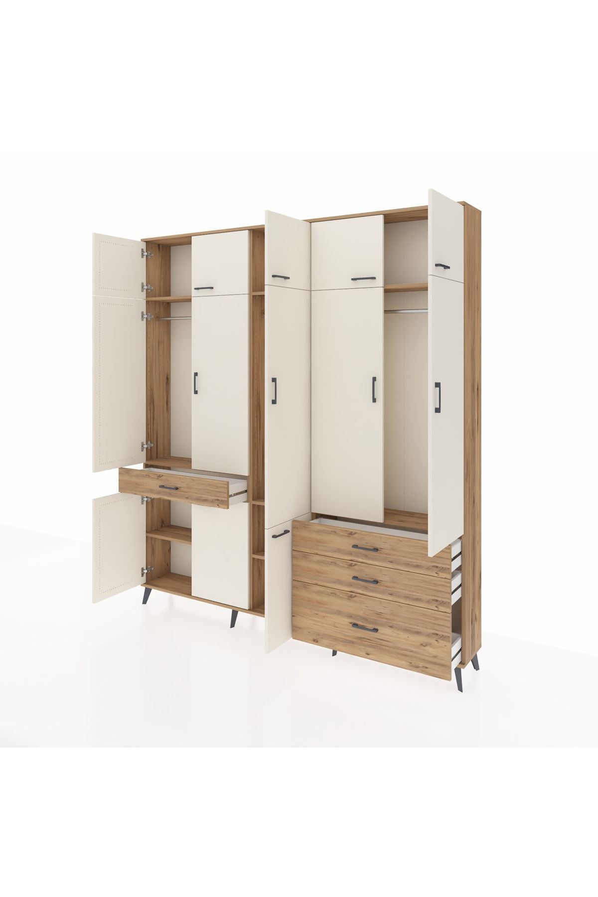 Arges Dolap 8 Raflı 4 Çekmeceli 3 Askılı 220x30x243 Çam-Aytaşı/Çam