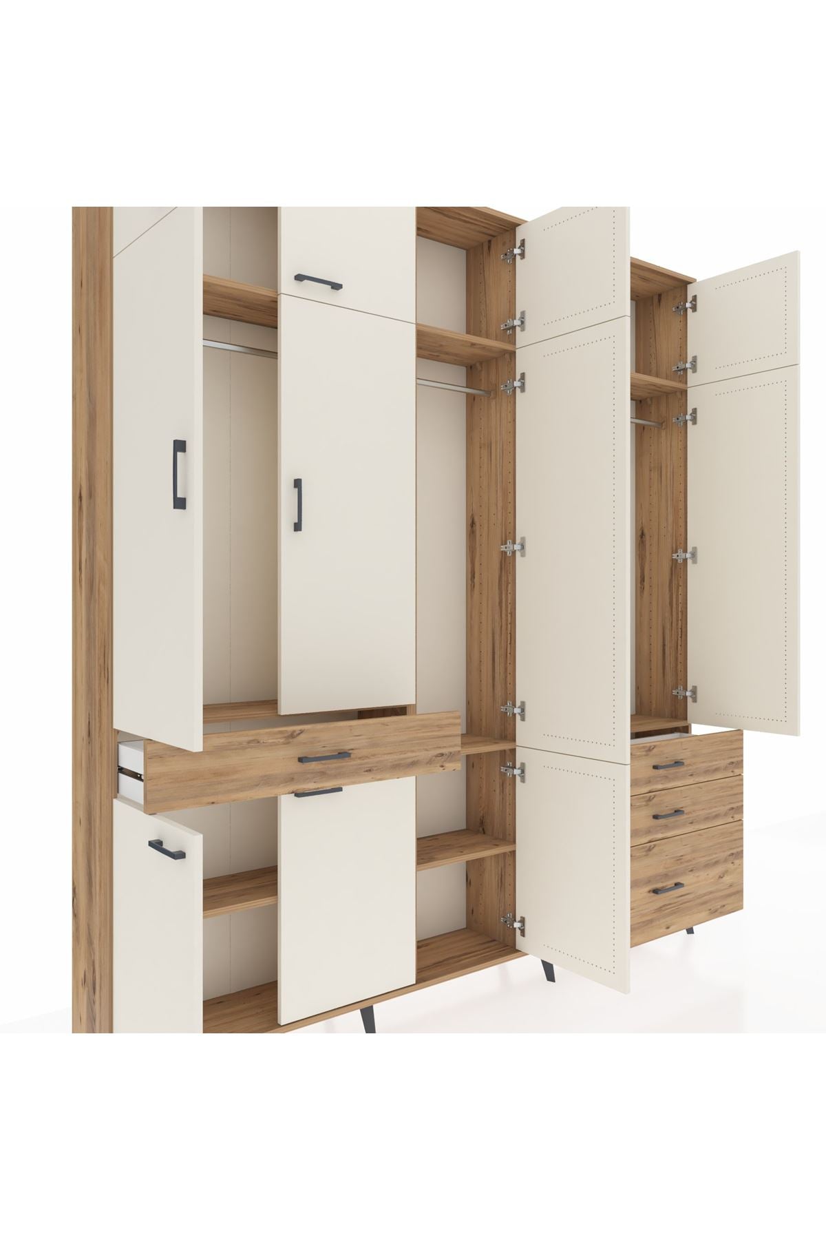 Arges Dolap 8 Raflı 4 Çekmeceli 3 Askılı 220x30x243 Çam-Aytaşı/Çam