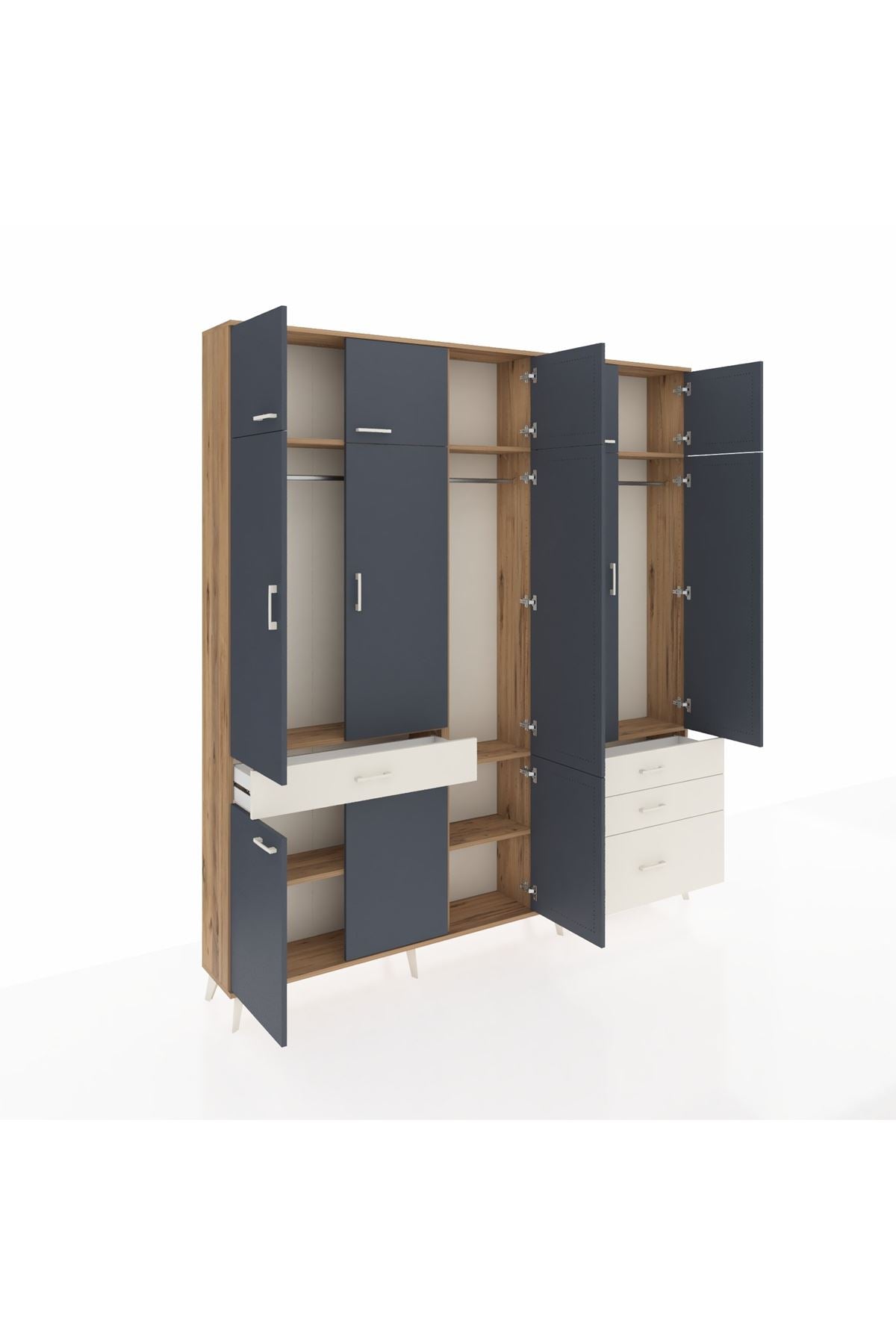 Arges Dolap 8 Raflı 4 Çekmeceli 3 Askılı 220x30x243 Çam-Antrasit/Aytaşı