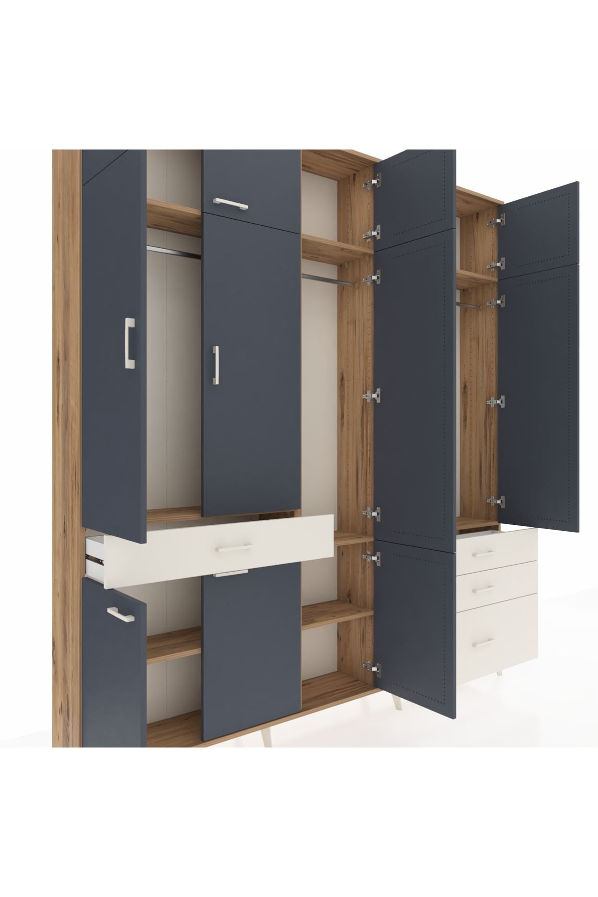 Arges Dolap 8 Raflı 4 Çekmeceli 3 Askılı 220x30x243 Çam-Antrasit/Aytaşı