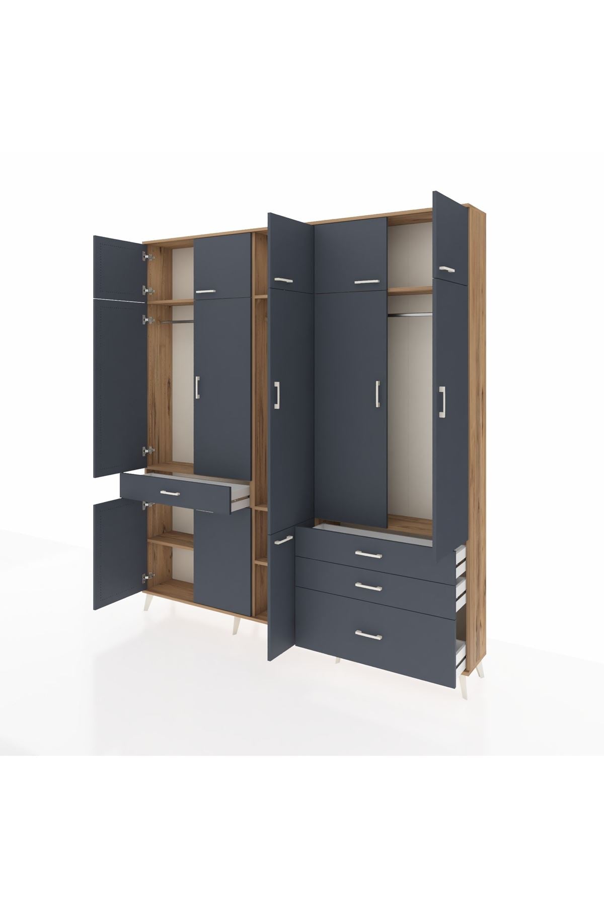 Arges Gardrop 8 Raflı 4 Çekmeceli 3 Askılı 220x30x243 Çam-Antrasit