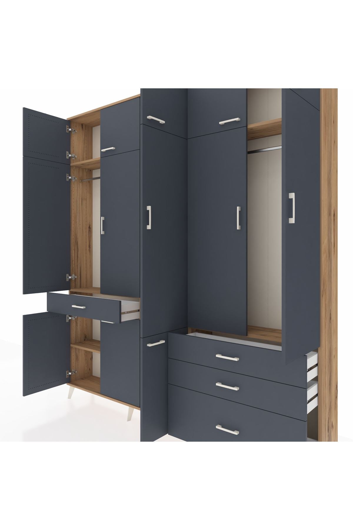 Arges Gardrop 8 Raflı 4 Çekmeceli 3 Askılı 220x30x243 Çam-Antrasit