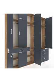 Arges Gardrop 8 Raflı 4 Çekmeceli 3 Askılı 220x30x243 Çam-Antrasit