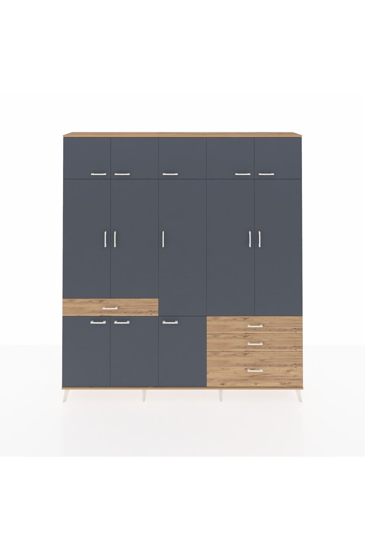 Arges Dolap 8 Raflı 4 Çekmeceli 3 Askılı 220x30x243 Çam-Antrasit/Çam