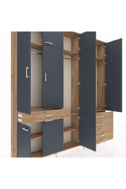 Arges Dolap 8 Raflı 4 Çekmeceli 3 Askılı 220x30x243 Çam-Antrasit/Çam
