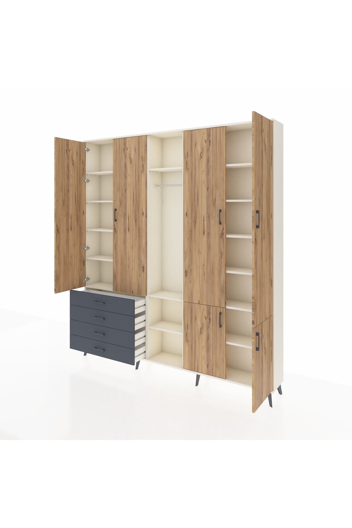 Arges Dolap 14 Raflı 4 Çekmeceli Tek Askılı 220x30x243 Aytaşı-Çam/Antrasit