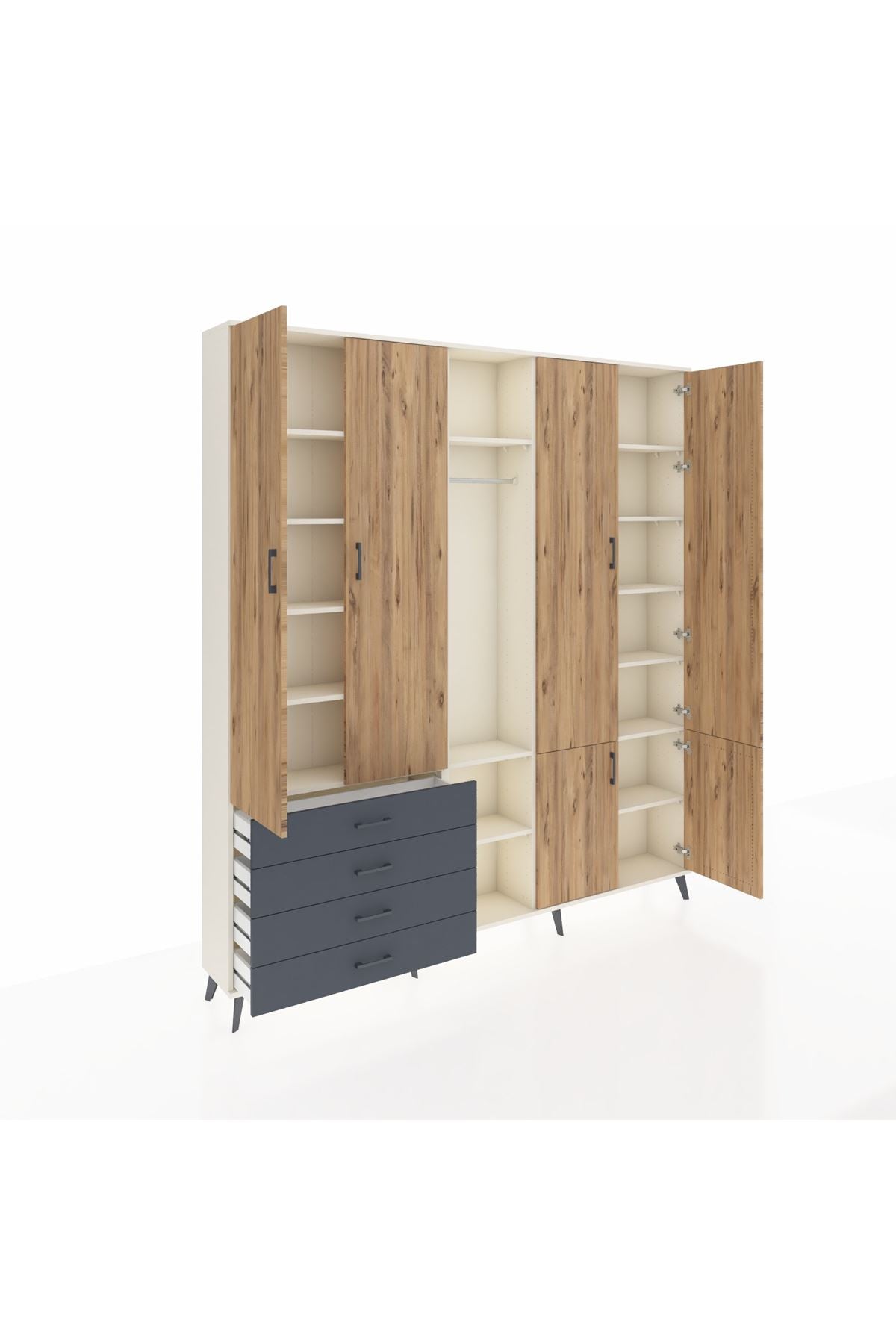 Arges Dolap 14 Raflı 4 Çekmeceli Tek Askılı 220x30x243 Aytaşı-Çam/Antrasit