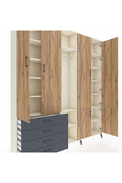 Arges Dolap 14 Raflı 4 Çekmeceli Tek Askılı 220x30x243 Aytaşı-Çam/Antrasit