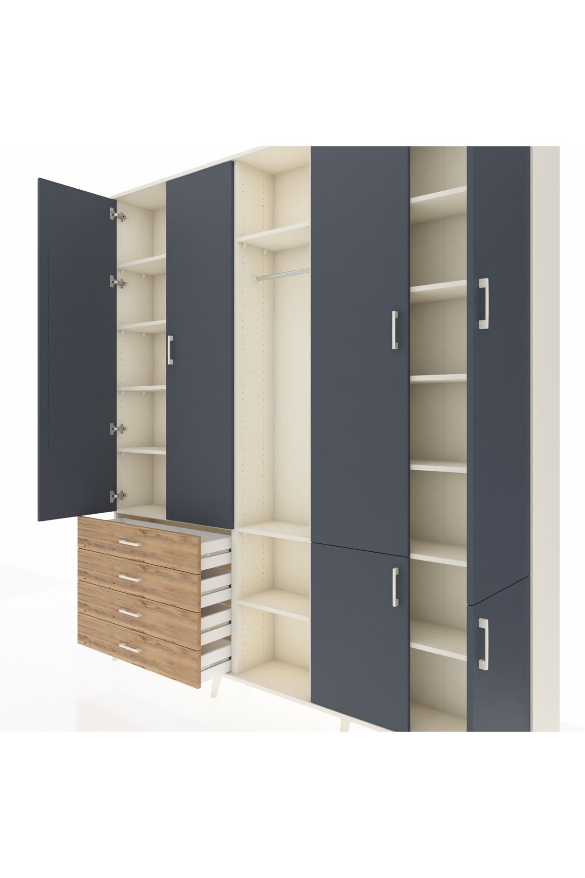 Arges Dolap 14 Raflı 4 Çekmeceli Tek Askılı 220x30x243 Aytaşı-Antrasit/Çam