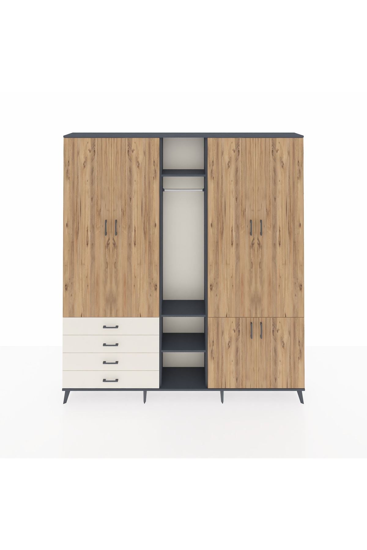 Arges Dolap 14 Raflı 4 Çekmeceli Tek Askılı 220x30x243 Antrasit-Çam/Aytaşı