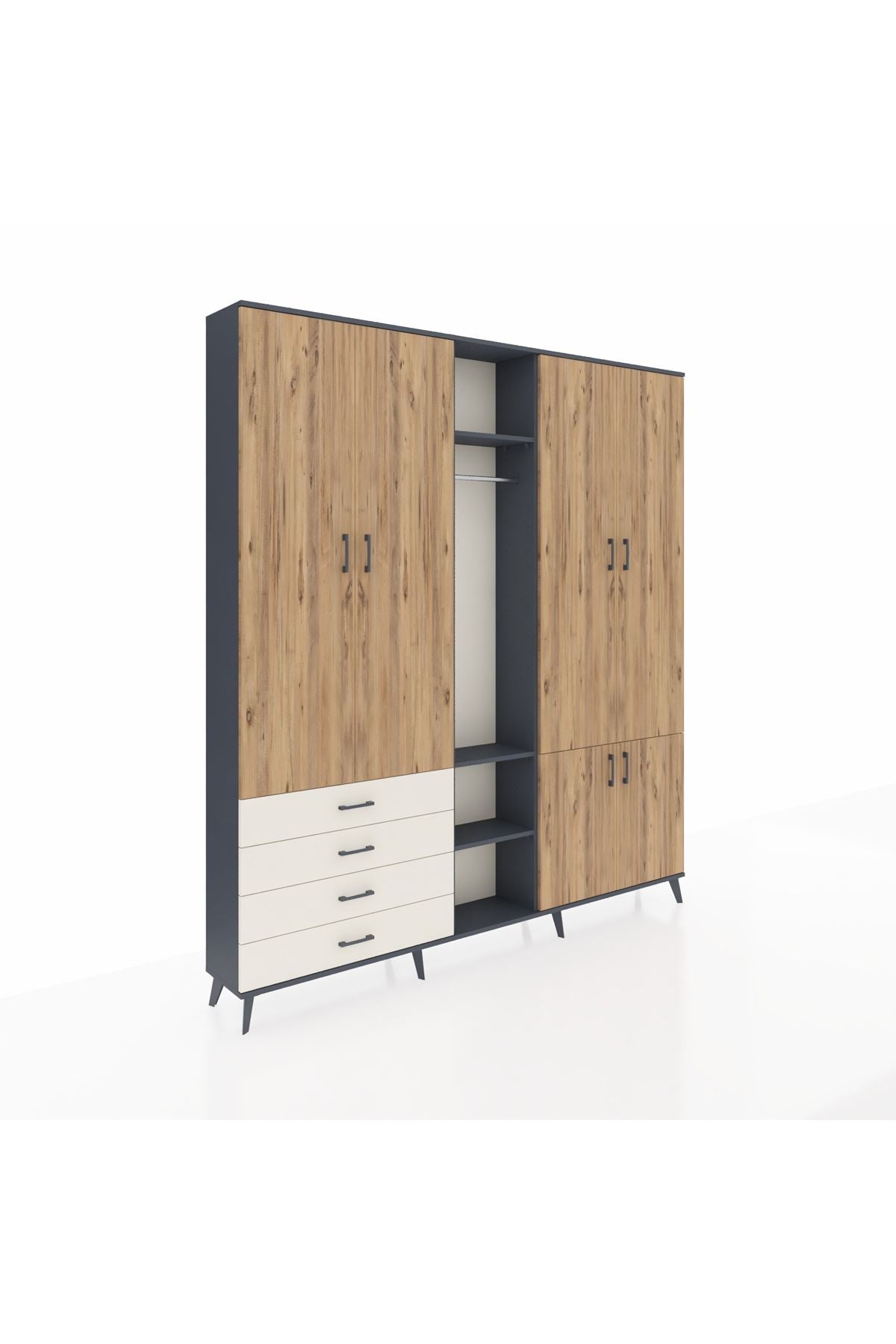 Arges Dolap 14 Raflı 4 Çekmeceli Tek Askılı 220x30x243 Antrasit-Çam/Aytaşı