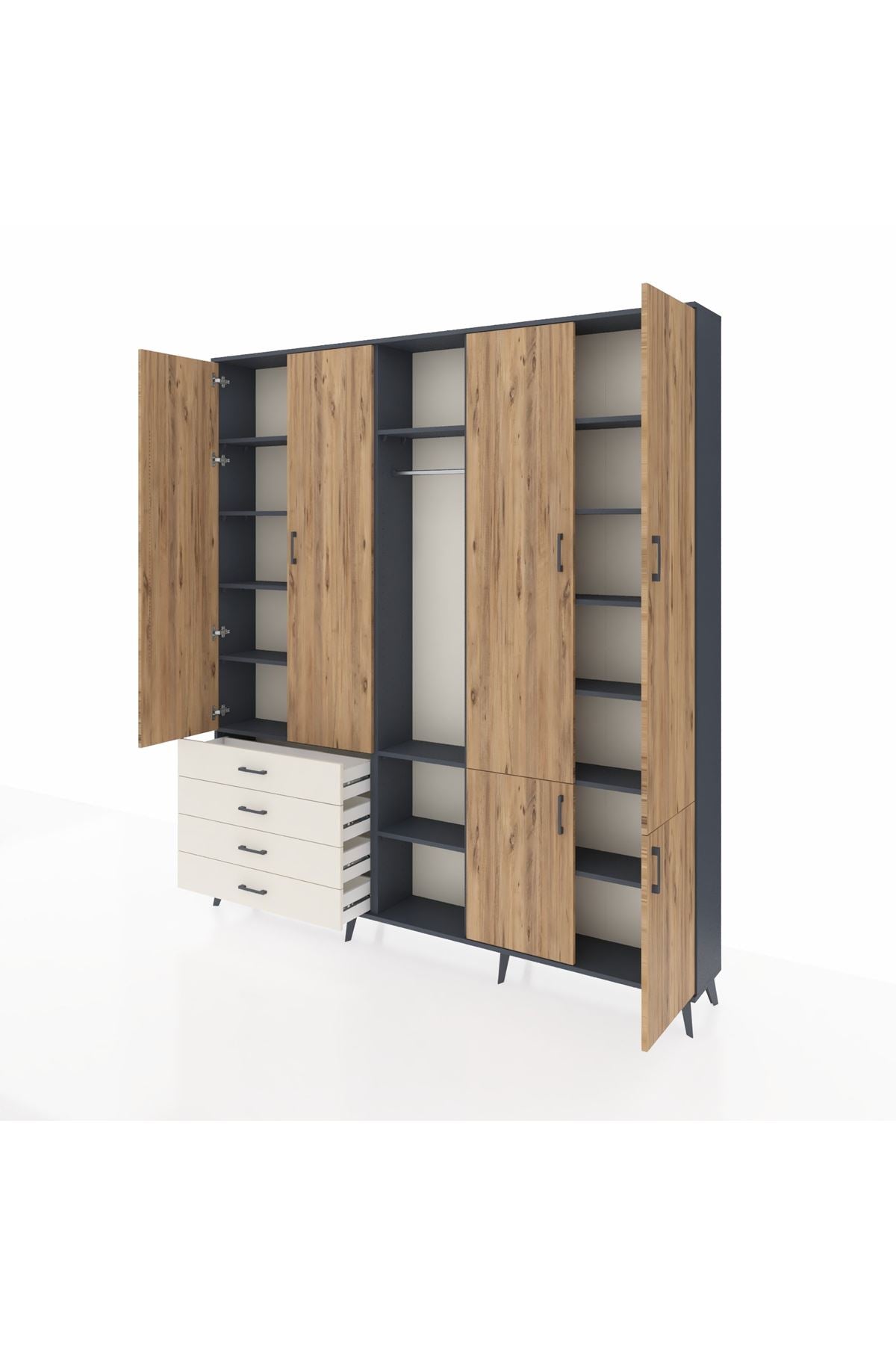 Arges Dolap 14 Raflı 4 Çekmeceli Tek Askılı 220x30x243 Antrasit-Çam/Aytaşı