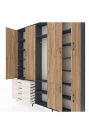 Arges Dolap 14 Raflı 4 Çekmeceli Tek Askılı 220x30x243 Antrasit-Çam/Aytaşı