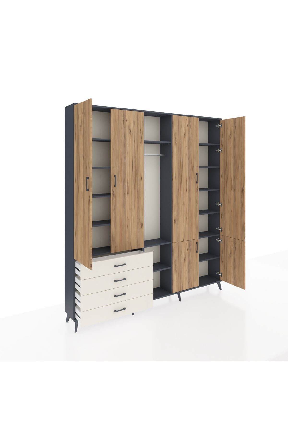 Arges Dolap 14 Raflı 4 Çekmeceli Tek Askılı 220x30x243 Antrasit-Çam/Aytaşı