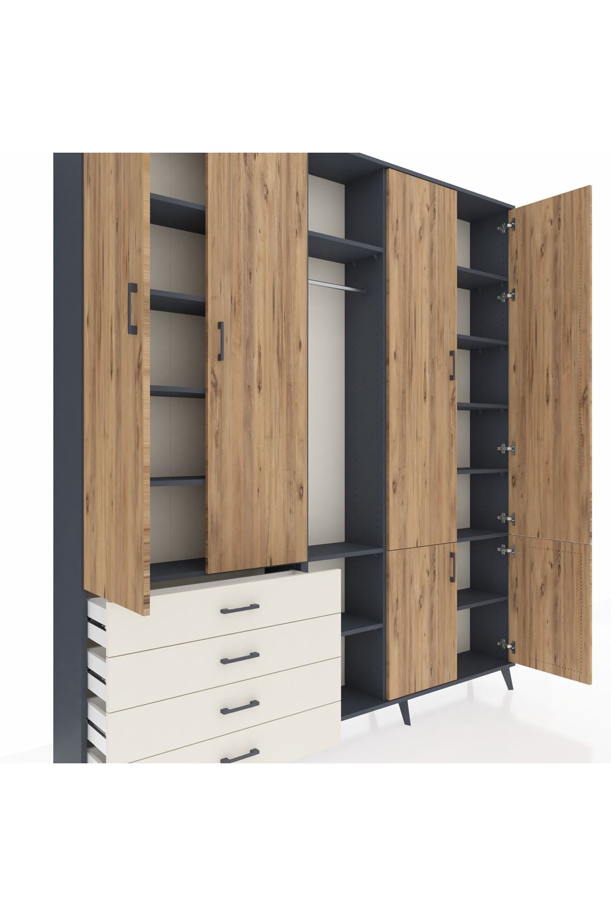 Arges Dolap 14 Raflı 4 Çekmeceli Tek Askılı 220x30x243 Antrasit-Çam/Aytaşı